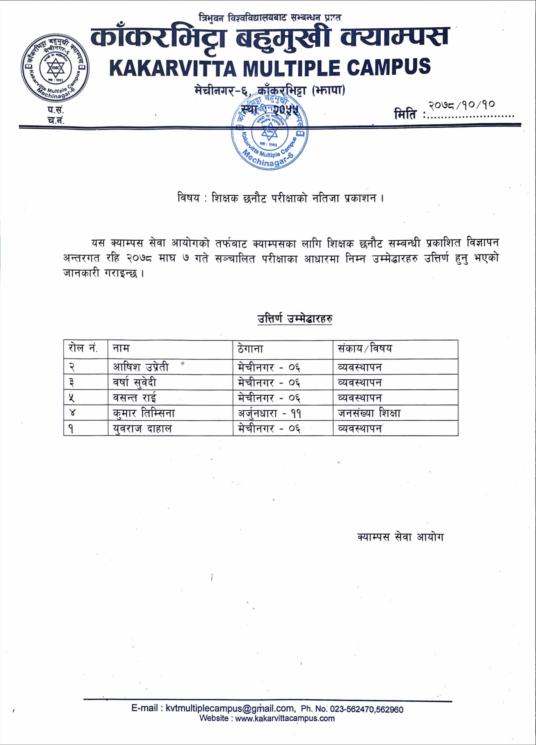Result Published of Professor's Sellection | Kakarvitta Multiple Campus