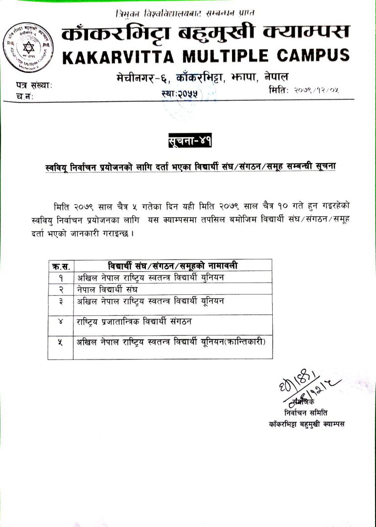 FSU Election 2079 Namelist of registered student organizations Kakarvitta Multiple Campus