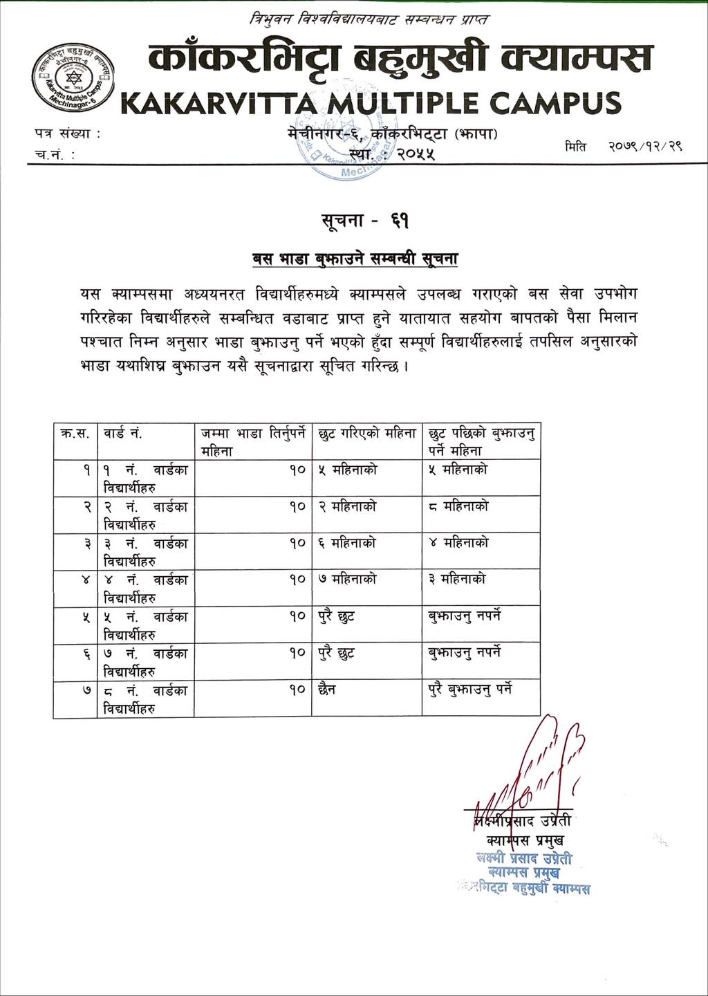 Notice about Campus Bus Fare | Kakarvitta Multiple Campus