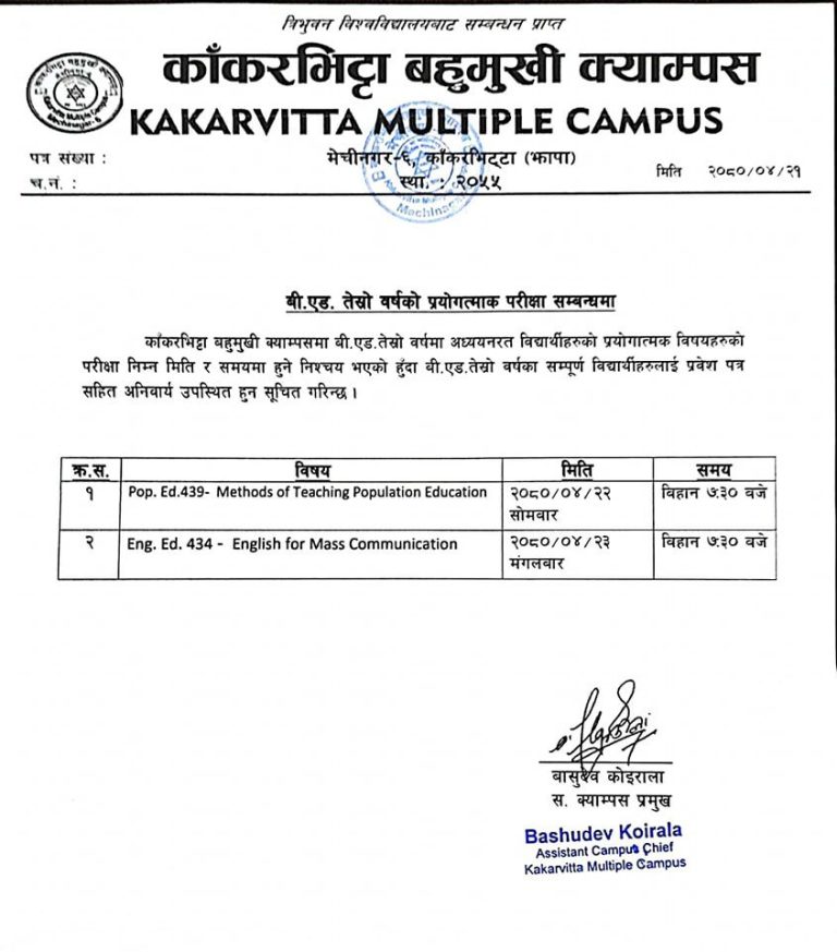 Notice regarding appointment of teachers at Kakarvitta Multiple Campus in 2080 BS
