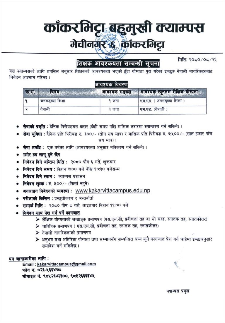 Assistant Lecturer Wanted at Kakarvitta Multiple Campus for 2080 recruitment