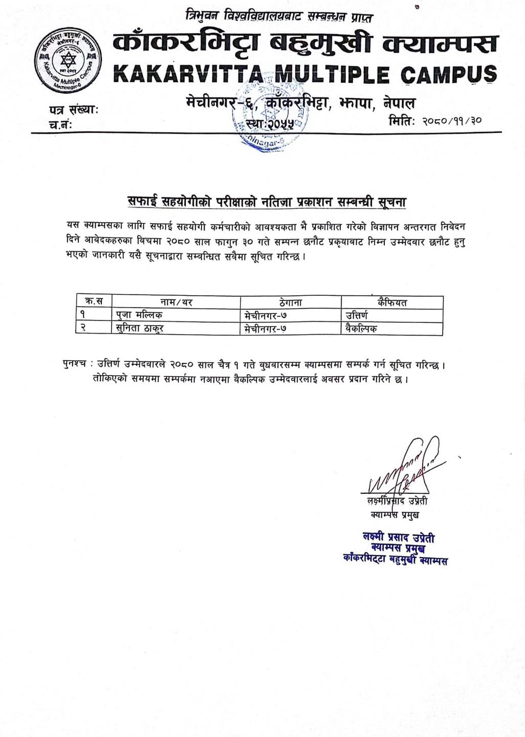 School level examination results announcement 2080 Kakarvitta Multiple Campus