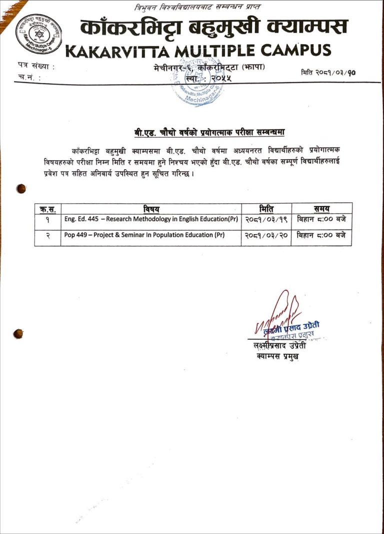 Notice regarding Practical Examination of B.Ed. 4th year