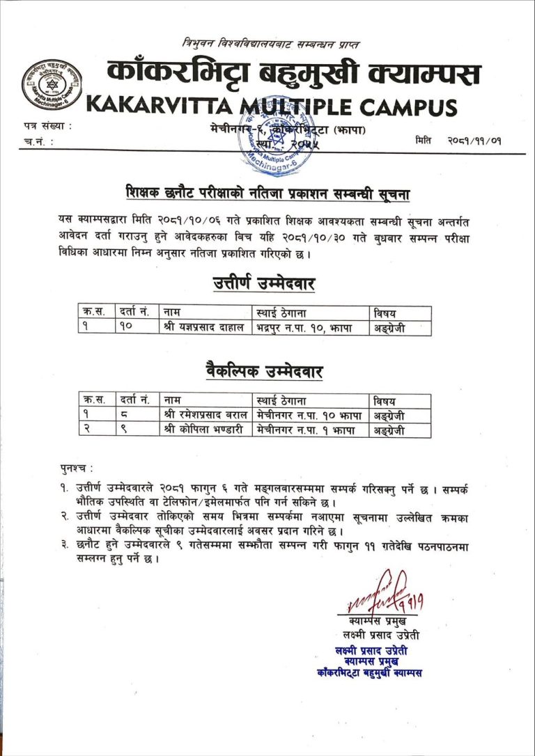 Notice regarding publication of results of Assistant Lecturer selection