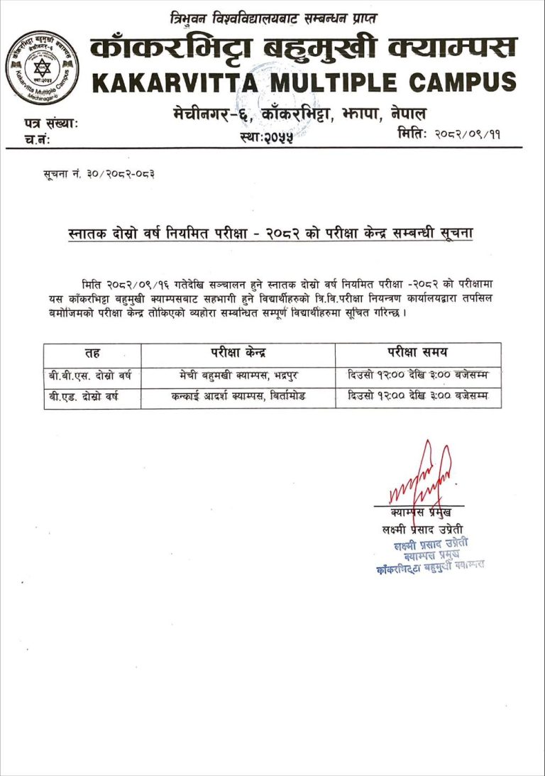 Exam Center Notice: B.Ed. & BBS 2nd Year Regular Examination 2082