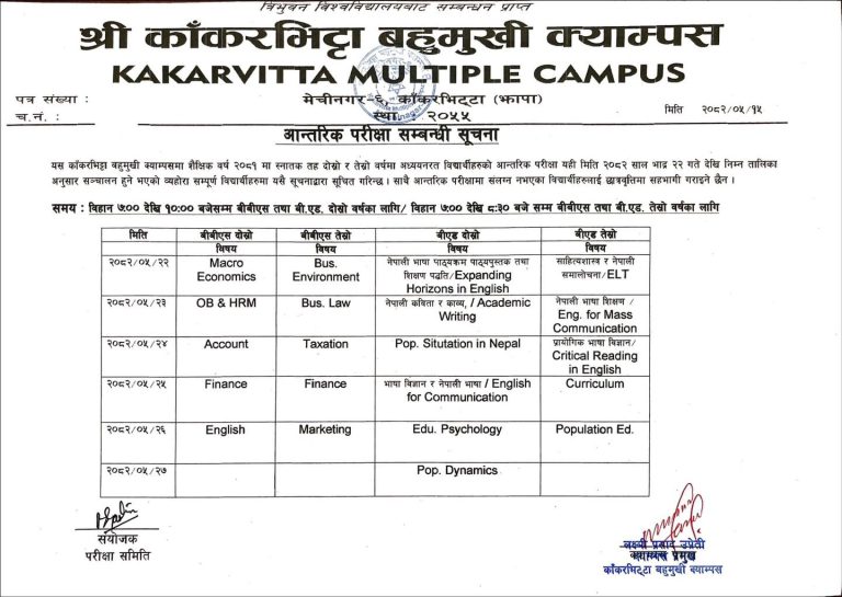 Internal Examination Schedule for BBS and B.Ed Second & Third Year Students