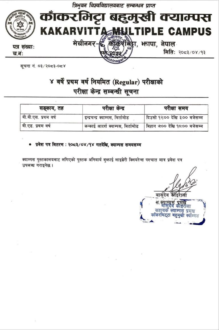 Official Notice: Exam Centers and Admit Card Distribution for Bachelor’s First Year (B.B.S. & B.Ed.) Regular Examinations