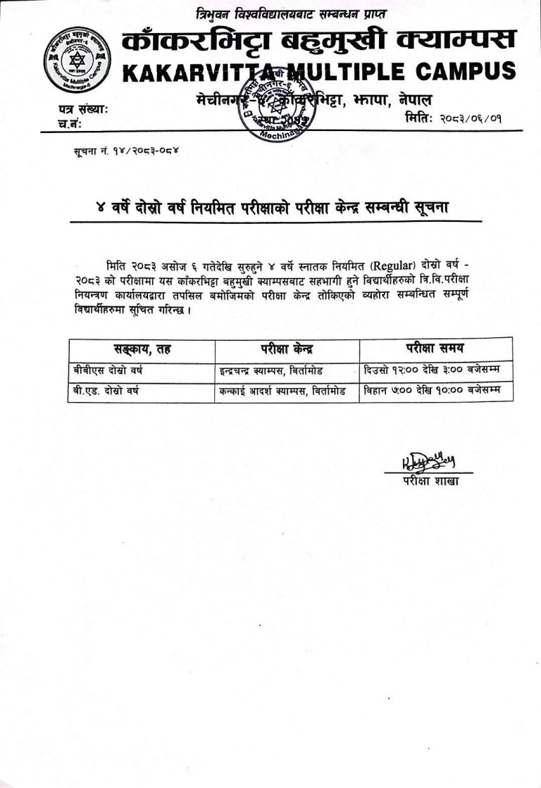 Official Notice: TU 4-Year Bachelor 2nd Year (BBS & B.Ed.) Exam Center Announcement